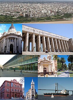 From top, left to right: aerial view of Rosario Center District, Rosario Board of Trade, National Flag Memorial, Clemente Álvarez Emergency Hospital, Cathedral Basilica of Our Lady of the Rosary, Oroño Boulevard, Rosario City Hall, Perpetuo Socorro Church, and Rosario-Victoria Bridge