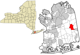 Location of Bethpage in Nassau County (right) and New York state (left)