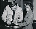 Image 4 Rosa Parks Photograph credit: Associated Press; restored by Adam Cuerden Rosa Parks (February 4, 1913 – October 24, 2005) was an American activist in the civil rights movement, best known for her pivotal role in the Montgomery bus boycott. On December 1, 1955, in Montgomery, Alabama, Parks rejected a bus driver's order to relinquish her seat in the "colored section" to a white passenger after the whites-only section was filled, inspiring the African-American community to boycott the Montgomery buses for more than a year. Her act of defiance and the boycott became important symbols of the civil rights movement and resistance to racial segregation. After her conviction for disorderly conduct, her appeal became bogged down in the state courts, but the federal Montgomery bus lawsuit, Browder v. Gayle, succeeded in overturning bus segregation in November 1956. Upon her death, Parks became the first woman to lie in honor in the U.S. Capitol rotunda. This photograph of Parks being fingerprinted was taken on February 22, 1956, when she was arrested again, along with 73 others, after a grand jury indicted 113 African Americans for organizing the Montgomery bus boycott. More selected pictures