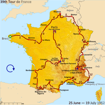 Route of the 1952 Tour de France followed clockwise, starting in Brest and finishing in Paris