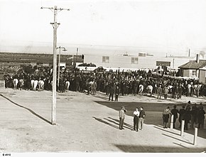 a black and white photograph of a wharf area with a crowd of men, with mounted police visible