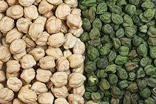 The two main types of chickpea: the larger light tan kabuli and variously coloured desi chickpea. They are green when picked early and vary through tan or beige, speckled, dark brown to black. Seventy-five percent of world production is of the smaller desi type.