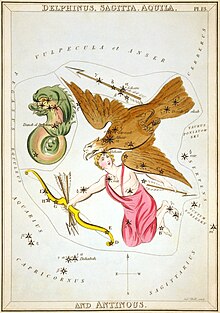 Drawing of a dolphin, eagle, archer, and arrow overlaid on a medieval star chart