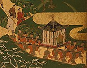 In The Tale of Genji, Murasaki described court life, as depicted in this exterior scene titled "Royal Outing", late 16th century by Tosa Mitsuyoshi.