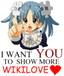 Wikipe-tan recruiting wikiLovers. Attribution-Share Alike 3.0 Unported licensing, attributed to Kasuga and Mikael Häggström