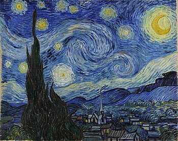 A painting of a scene at night with 10 swirly stars, Venus, and a bright yellow crescent Moon. In the background are hills, and in the foreground a cypress tree and houses.