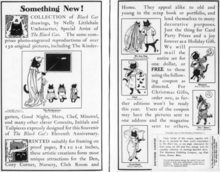 Two page spread advertisement showing examples of the black cat drawings advertised for sale