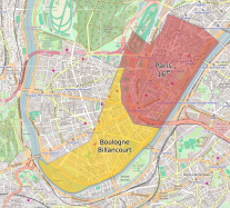 Aufteilung des Gebiets der ehemaligen Gemeinde Auteuil zwischen Boulogne-Billancourt und Paris (rot)
