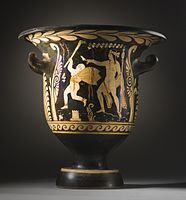 Bell krater with an elderly satyr followed by young Dionysos, by Python, c. 350–325 BC, Los Angeles County Museum of Art