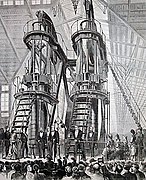 U.S. President Ulysses S. Grant and Emperor Pedro II of Brazil starting the Corliss Centennial Engine at the opening ceremonies of the Centennial Exhibition