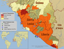 Karte der vom Ebola-Ausbruch betroffenen Gebiete