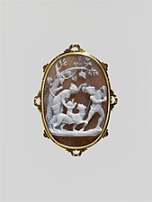 Education of the Infant Bacchus; by Niccolò Amastini; first half 19th century; onyx with gold frame; overall (in setting): 6.5 x 4.8 cm; Metropolitan Museum of Art, New York City