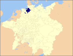 Prince-Archbishopric of Bremen within the Holy Roman Empire (as of 1648), the episcopal residence (in Vörde) shown by a red spot.
