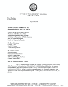 First page of the binding opinion, which was printed on the Attorney General's letterhead and addressed to counsel for CNN and the Chicago Police department