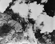 Aerial photo of a U.S. Army Air Forces bombardment on Kiska Island in 1942.