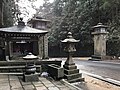 Entrance to Kōya-san with two pillars showing the temple name Kongōbu-ji (Kongōbu Temple) and its mountain name Kōya-san