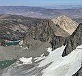 Mt. Gayley (centered} above Palisade Glacier as seen from North Palisade. "Buck Mountain" (aka Contact Peak) beyond Gayley.