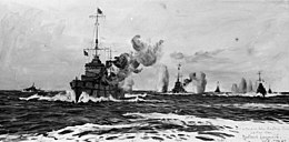 A painting of several modern warships firing their guns, with several bombs exploding in the water nearby