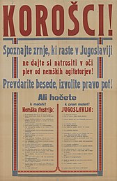 Slowenisches Propagandaplakat, das Deutschösterreich als „Stiefmutter“ und Jugoslawien als „wahre Mutter“ bezeichnet.