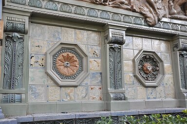 Art Nouveau corbels with Byzantine Revival acanthuses on the portico monumental Jules-Félix Coutan in the Félix-Desruelles Square, Paris, by Jules Coutan and the Sèvres Porcelain Manufactory, 1900