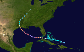 The path of a tropical cyclone on a map as represented by colored dots. Each dot represents the storm's intensity at six-hour intervals.