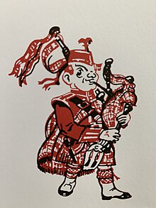 Black and red line-art cartoon figure of a stereotypical tartan-wearing bagpiper