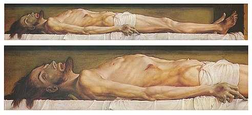 The Body of the Dead Christ in the Tomb, and a detail, 1521–22. Oil and tempera on limewood, Kunstmuseum Basel