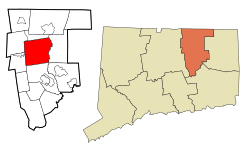 Tolland's location within Tolland County and Connecticut