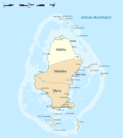 Map of Wallis Island showing the 3 districts: Hihifo is located in the north