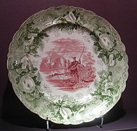 Plate using two transfers, puce and green, c. 1830, Enoch Wood & Co.