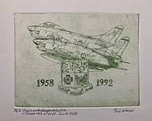 An etching representing an Italian G 91R departing from Treviso airport