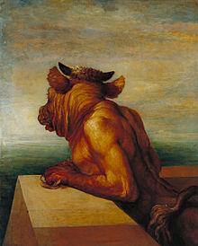 The Minotaur painting by George Frederic Watts depicting a minotaur staring out at the sea from a rooftop