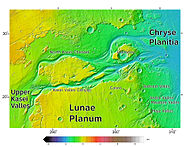 Area around the Northern Kasei Valles, also showing Bahram Vallis and the Vedra Valles, Maumee Valles, and Maja Valles. Map location is in Lunae Palus quadrangle and includes parts of Lunae Planum and Chryse Planitia.