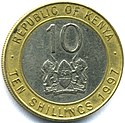 Face of coin showing figure 10 and the coat of arms of Kenya, surrounded by the words REPUBLIC OF KENYA, TEN SHILLINGS