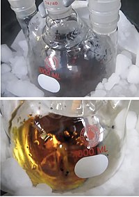 Photos of two solutions in round-bottom flasks surrounded by dry ice; one solution is dark blue, the other golden.