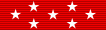 A scarlet ribbon with 7 white 5 pointed stars