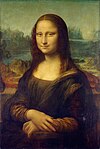 Mona Lisa; by Leonardo da Vinci; c.1503-1519; oil on poplar panel; 77 × 53 cm; Louvre[147]