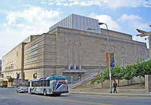 A picture of the Municipal Auditorium, a stone building in Kansas City.