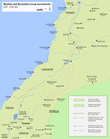 A map with Muslim-Byzantine troop movements from September 365 to just before the event of the Battle of the Yarmouk