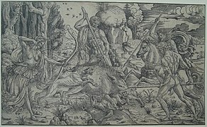 Atalanta and Meleager hunting the Calydonian boar. Woodcut by Giovanni Battista Palumba, print in the British Museum.