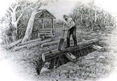 Woodcut showing work above a saw pit