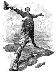 Caricature of Cecil John Rhodes, after he announced plans for a telegraph line from Cape Town to Cairo.