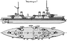 Top and side view showing the layout of the ships' major features. Large gun turrets are on either end of the ship, with six smaller turrets placed on the sides between them. The armored portion of the hull extends from the bow almost to the stern.