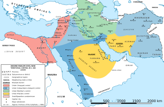 Map of the Caliphate and the various factions of the Second Muslim Civil War