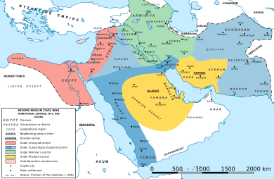 Map of the Middle East with shaded areas indicating the territorial control of the main political actors of the Second Muslim Civil War