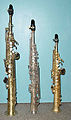 B♭soprano saxophone (left), C soprano saxophone (center), E♭sopranino saxophone (right)