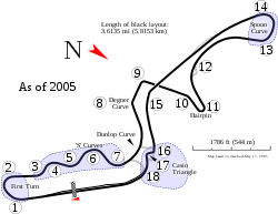 Track layout of the Suzuka Circuit. The track has 18 corners that vary in sharpness from sweeping to tight hairpins. The pit lane splits off from the circuit at the entry of turn eighteen and rejoins before the entry of the first corner.
