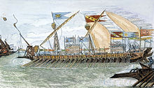 Coloured woodcut image of a catapult-bearing galley in a sea battle