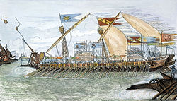 Painted-in engraving of a medieval galley with flags flying and firing a catapult