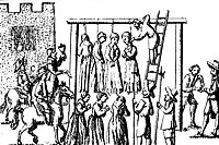 An image of suspected witches being hanged in England, published in 1655.